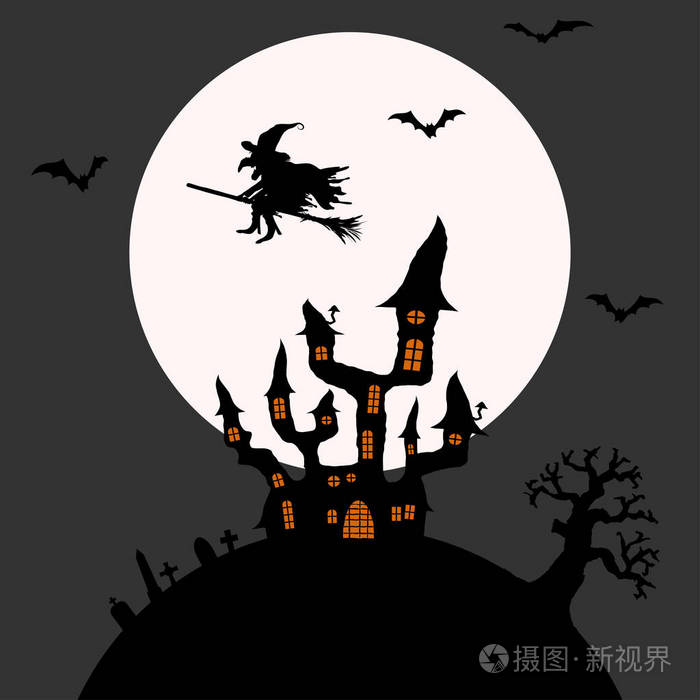 说明为万圣节背景布局元素黑暗城堡和在满月与可怕的女巫