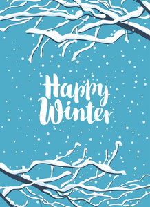 矢量冬季横幅在一个平坦的风格与题词在蓝天与雪花的背景下快乐的冬天和雪覆盖的树枝树