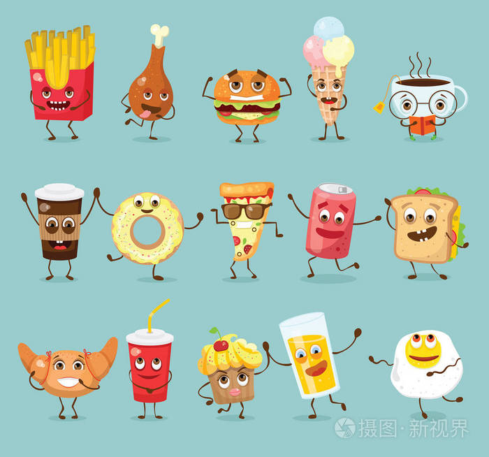 卡通趣味美食集的矢量插画设计