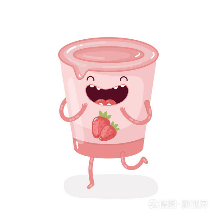可爱的涂鸦字符包装草莓酸奶在白色的背景.孤立的插图