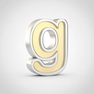 光泽字母 g 小写.3d 渲染白色背景下的银色轮廓的金色字体照片
