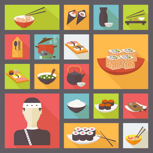 日本料理，食物图标集，平面设计矢量