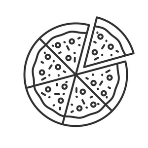 比萨饼与一个切片分离线性图标。细线插图。轮廓符号。矢量隔离轮廓图