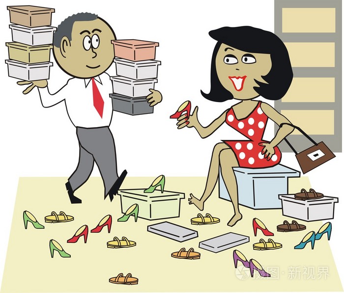 矢量卡通的鞋在百货商店购物的女人
