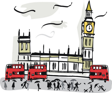 英国伦敦议会和红色巴士街头现场显示矢量插画