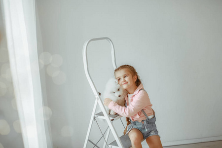 女孩与可爱的小狗在梯子上摆姿势在演播室
