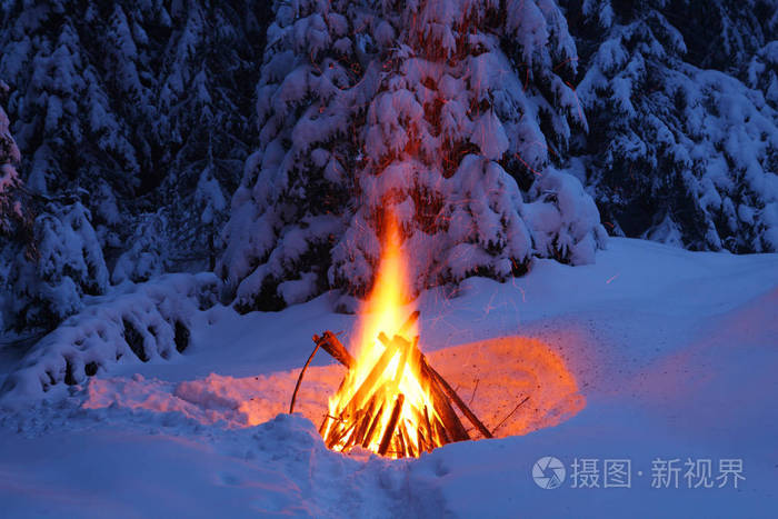 冬天森林里的篝火照亮了雪