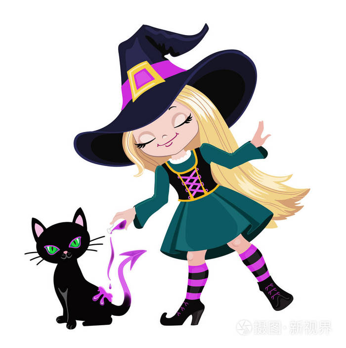 逗人喜爱的女巫在一只黑猫上浇上魔法药水时会联想到