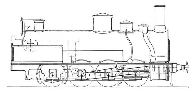 机四轴货物耦合北铁路, 复古镌刻插图。工业百科全书 E。拉米1875