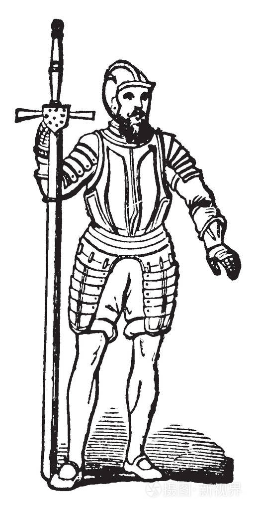 穿着allecret 盔甲的骑士, 复古线条画或雕刻插图