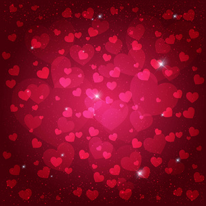 情人节快乐贺卡。我爱你。2月14日。假日背景与心脏, 光, 星。矢量插图
