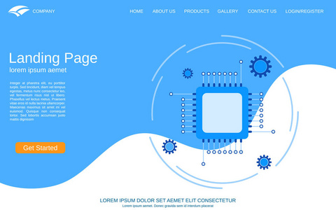 网站着陆页向量模板。白色蓝色背景与计算机处理器细线插图