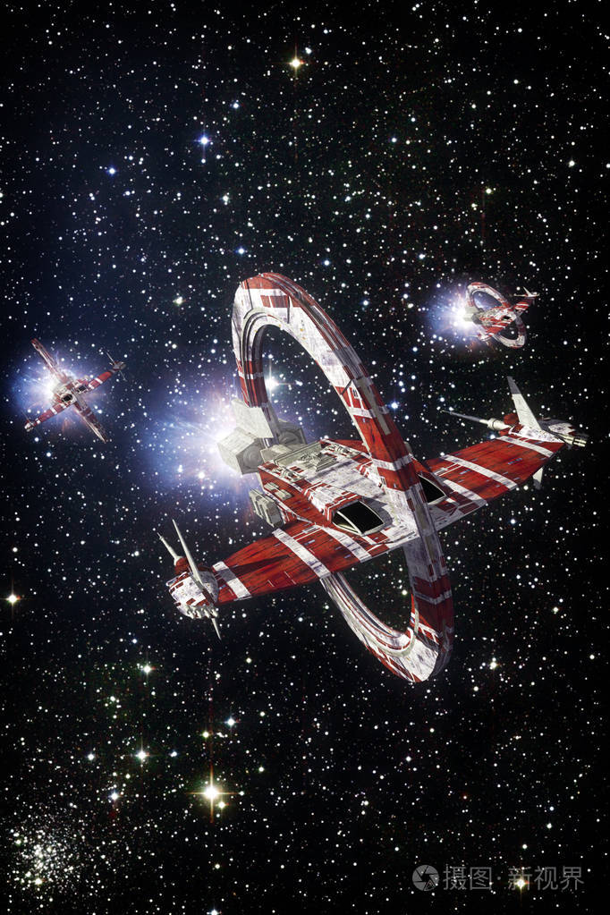 宇宙飞船战斗机和飞越星空背景3d 渲染科幻插图