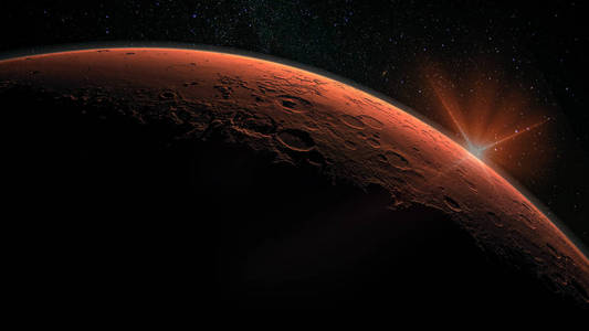 火星是太阳系的行星.带镜头光晕的日出.