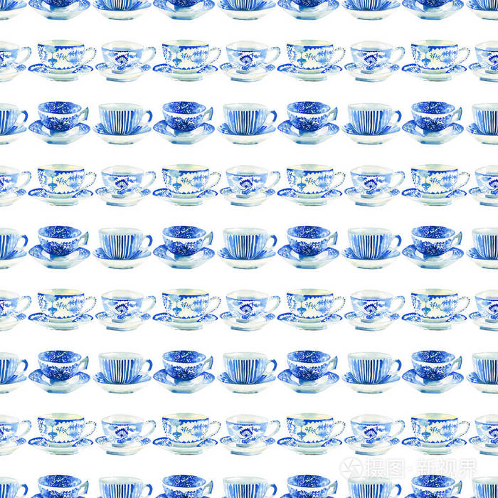 美丽的艺术招标精美的蓝色瓷器中国茶杯图案水彩手插图。完美的纺织品, 菜单, 墙纸