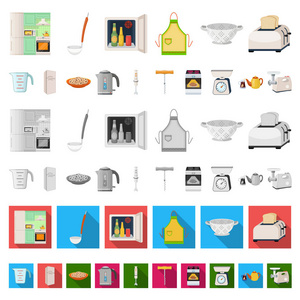 厨房设备卡通图标集合中的设计。厨房和附件矢量符号股票插图