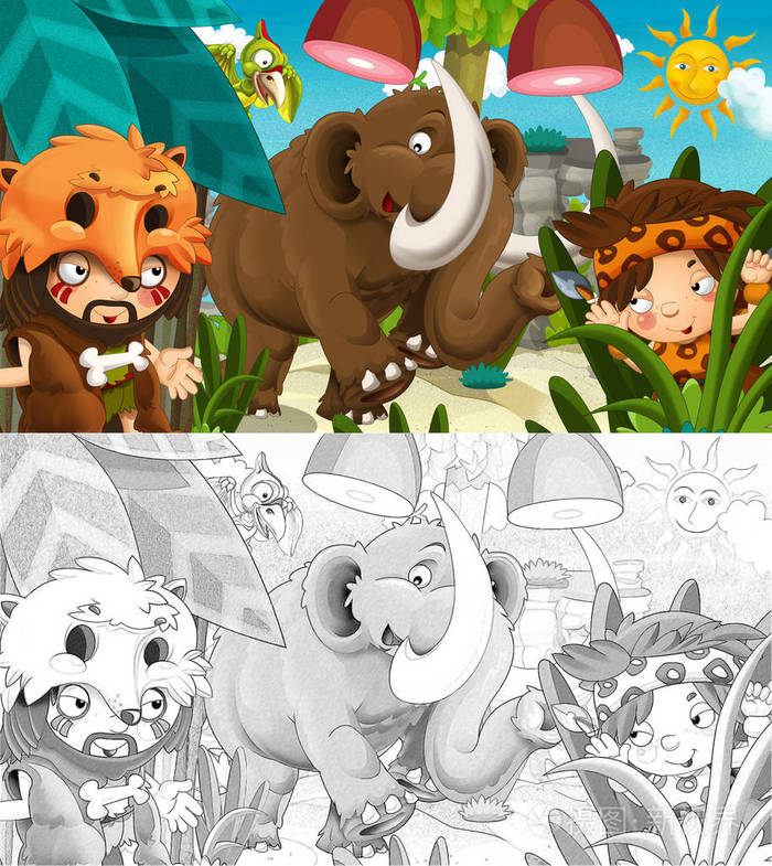 动画片史前快乐和有趣的场面与部落男子狩猎和微笑猛犸行走着色页儿童