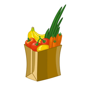 在白色背景下隔离的杂货袋。卡通矢量插画。水果和蔬菜 香蕉, 柠檬, 胡萝卜, 西红柿, 洋葱, 胡椒粉