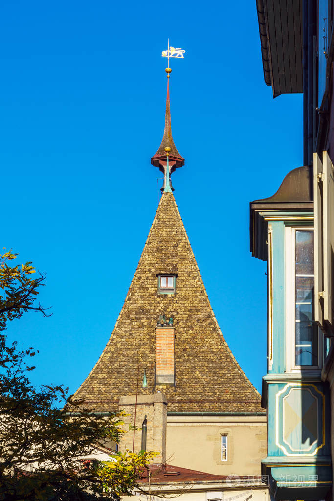 中世纪瓷砖屋顶的塔和叶片与狮子, 苏黎世, 节水