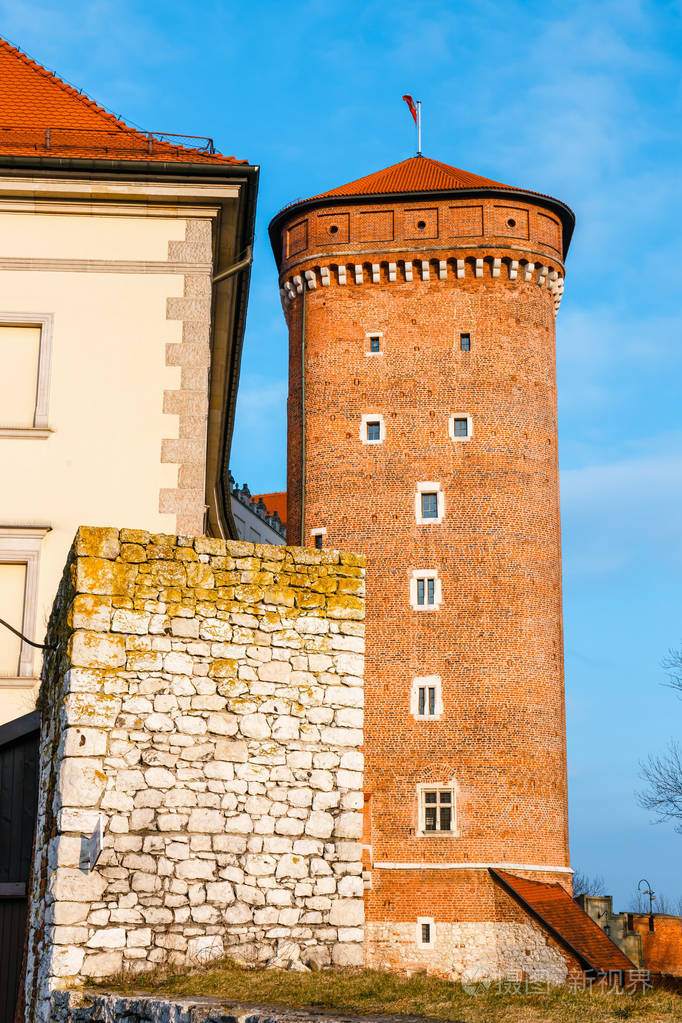 在波兰最著名的地标之一克拉科夫的瓦维尔城堡建筑细节