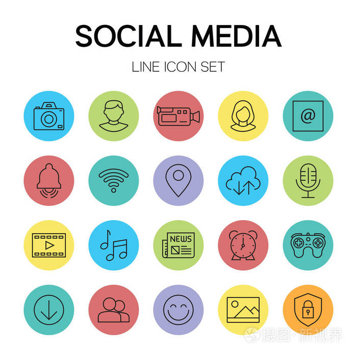 社会媒体线图标矢量插图