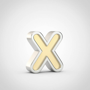 光泽字母 x 小写.3d 渲染白色背景下的银色轮廓的金色字体照片