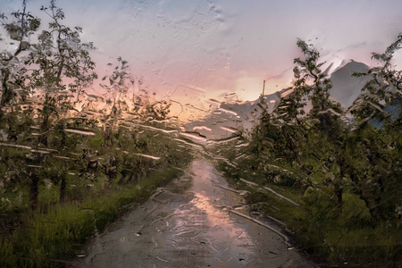 日出时车上的雨