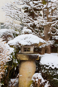 日本花园与雪覆盖的装饰品