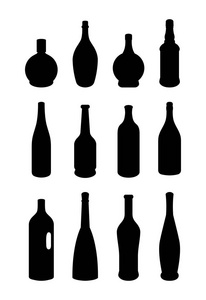 玻璃威士忌白兰地白兰地酒矢量插画酒标与静物剪影玻璃酒瓶矢量图标集