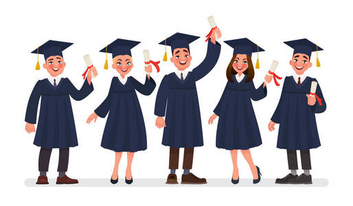 学术理念研究生的字符集大学招生大楼女研究生戴毕业帽和长袍上白色