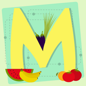 蔬菜和水果的程式化字母表中的字母m