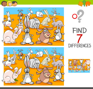 区别游戏与农场动物小组黑白卡通插图发现七个不同的图片教育游戏儿童