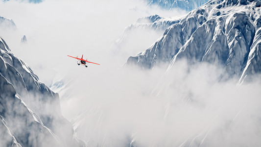 红色飞机飞越云层雪山。空中 sh