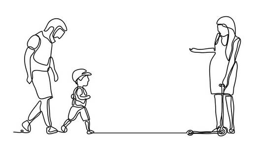 一家人在公园里散步.连续线图.矢量单色, 按行绘制.公园里的人.