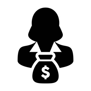 人图标矢量钱袋美元女性符号银行和财务顾问配置文件头像在字形象形文字插图