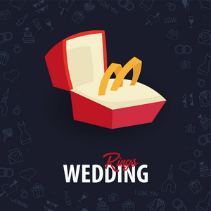 结婚戒指平婚礼代理横幅与手画涂鸦的背景。矢量插图