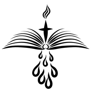 一个开放的圣经, 一个十字架与火焰和下落为愈合照片