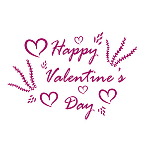 白色背景的贺卡, 粉红色的心和鲜花, 标志与快乐的一天的标签情人节在2月的假期