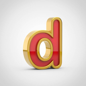 光泽字母 d 小写.3d 渲染红色字体, 金色轮廓被隔离在白色背景上照片