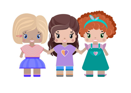 三人牵手三女孩的女朋友牵手, 金发碧眼, 红色卷曲的黑发长发, 夏天的