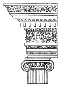 离子顺序, 古典建筑的经典秩序, 命令是多立克和科林斯, 基于罗马实践, 财神年礼, 复古线条画或雕刻插图