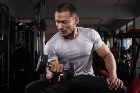 肌肉建设者人训练他的身体与哑铃在现代健身中心