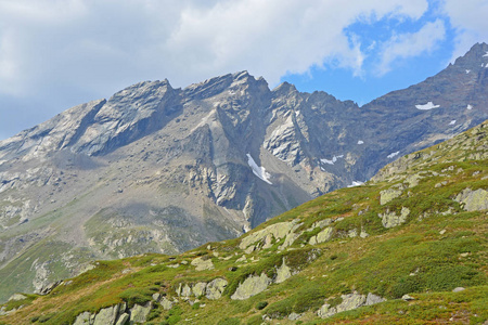 查看在瑞士 Bernese 阿尔卑斯山的 Lotschtal 山谷, 野生景观理想的徒步旅行