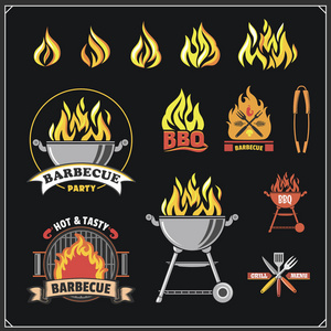 烧烤和烧烤的标签设置。烧烤徽章，徽章和设计元素。矢量单色插图