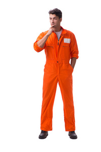 身穿橙色长袍的囚犯在白色背景下被隔离