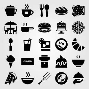 餐厅矢量图标集。鸡尾酒, 面包, 咖啡杯和牛排