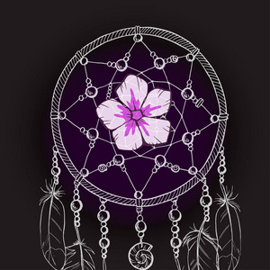 手绘华丽的梦捕手与招标粉红色的花朵在黑色的背景。矢量插图