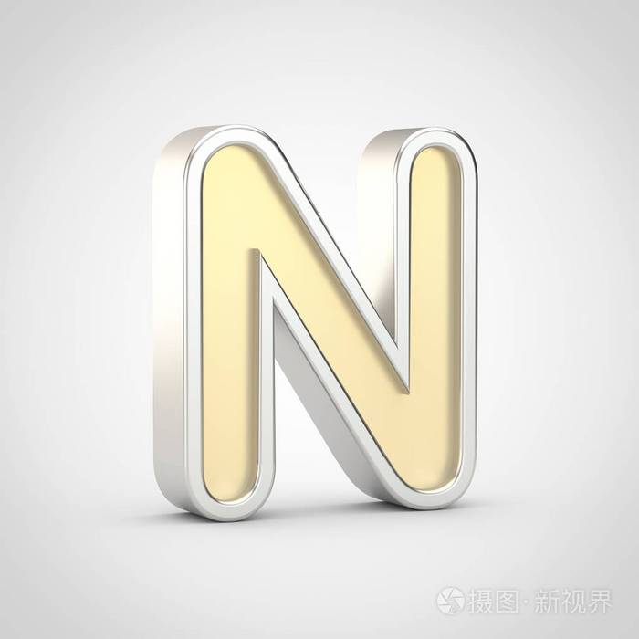 光泽字母n大写3d渲染白色背景下的银色轮廓的金色字体