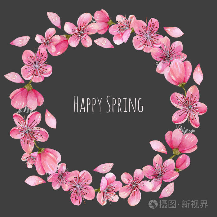 水彩春天盛开的樱花花花环手绘在黑暗的背景上