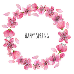 水彩春天盛开的樱花花花环, 手绘白色背景照片